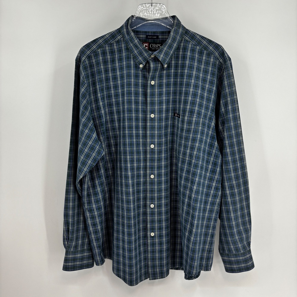 Chaps Button Down Shirt Mens XL Green Blue Plaid Easy Care Long Sleeve